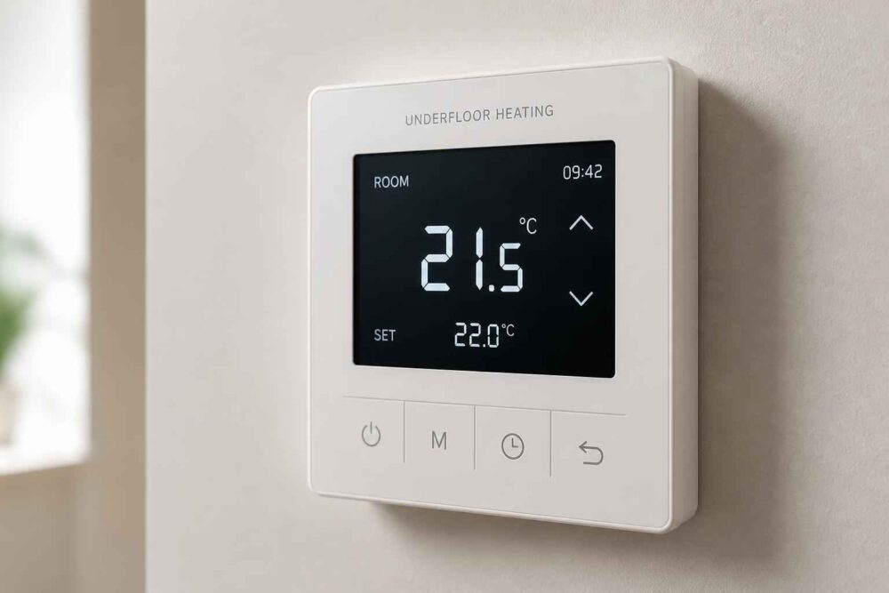 Biały termostat pokojowy pokazujący temperaturę 21,5°C na ścianie