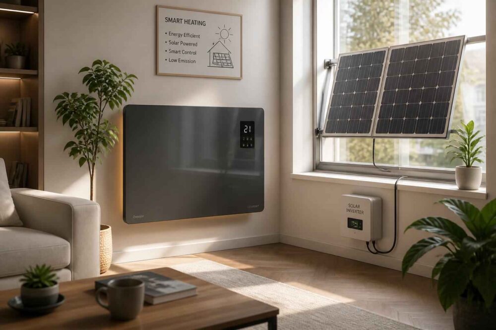 Panel magazynu energii na ścianie i dwa panele słoneczne przy oknie w jasnym salonie
