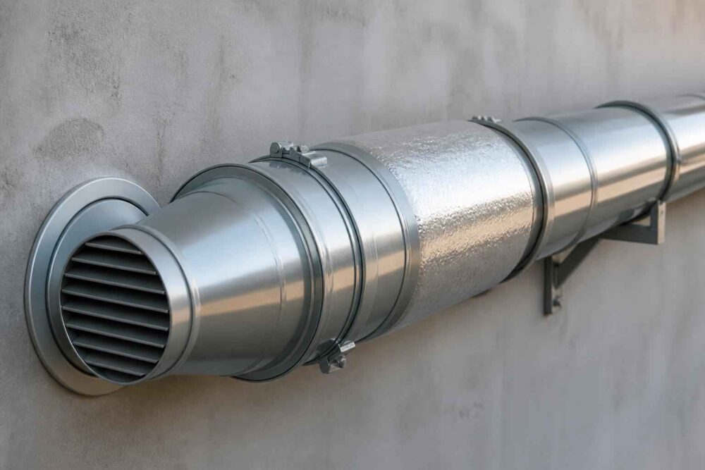Srebrny metalowy kanał wentylacyjny z kratką wylotową zamontowany na betonowej ścianie