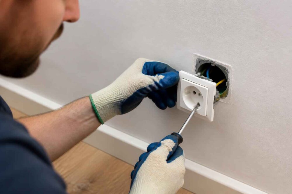 Elektryk w rękawicach montuje gniazdko elektryczne w ścianie za pomocą śrubokręta