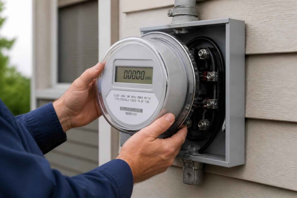 Elektryk montuje cyfrowy licznik energii elektrycznej na zewnętrznej ścianie budynku
