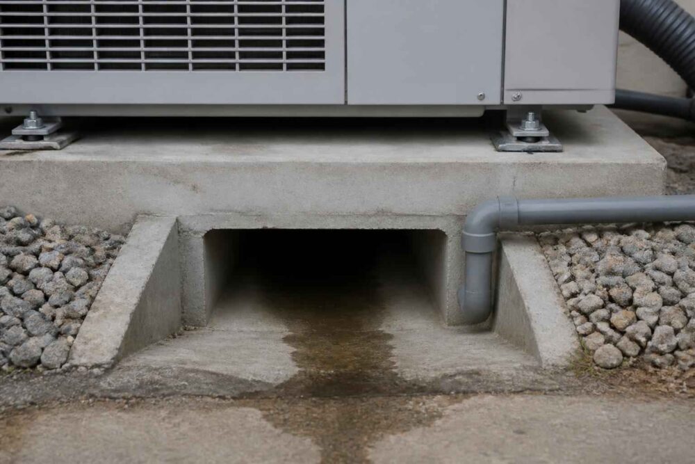 Betonowy kanał odpływowy z rurą pod agregatem klimatyzacyjnym na żwirowym podłożu