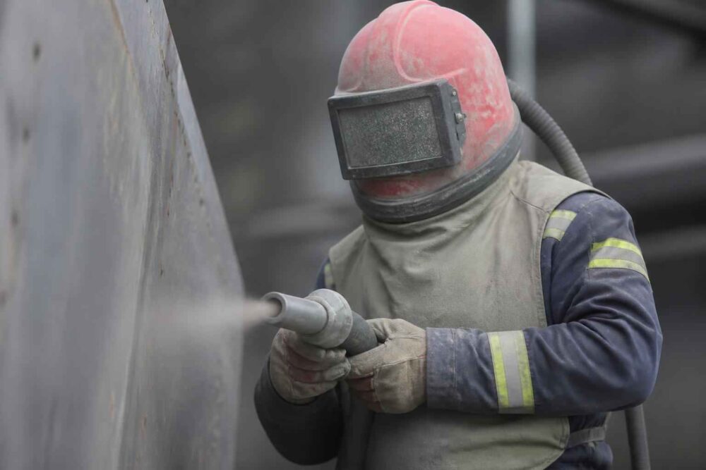 Pracownik w kasku ochronnym piaskuje metalową powierzchnię przy użyciu dyszy strumieniowej