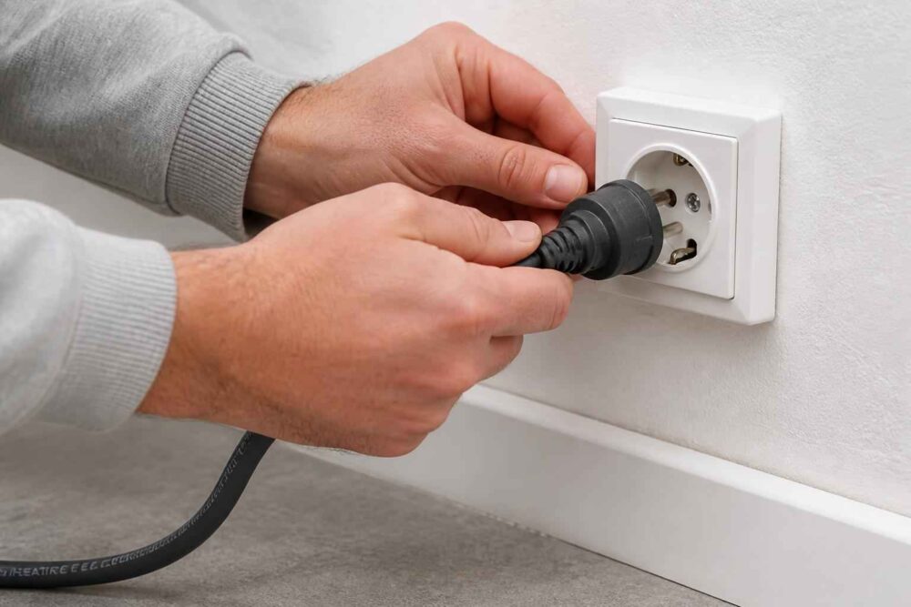 Dłonie mężczyzny podłączają czarną wtyczkę do białego gniazdka elektrycznego przy ścianie