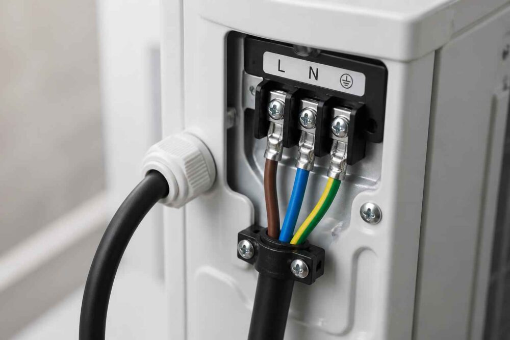 Przewody fazowy, neutralny i ochronny podłączone w zaciskach urządzenia elektrycznego