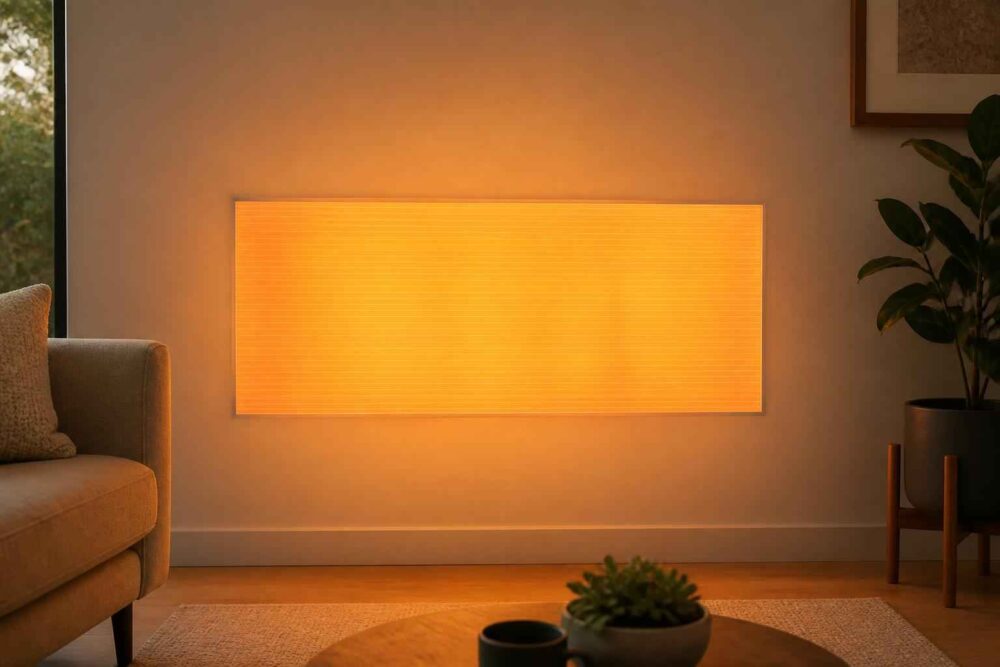 Pomarańczowa lampa ścienna nad stolikiem w przytulnym salonie z sofą i rośliną doniczkową