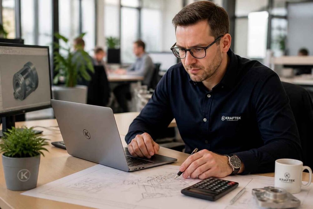 Mężczyzna przy laptopie analizuje rysunek techniczny przy biurku w nowoczesnym biurze
