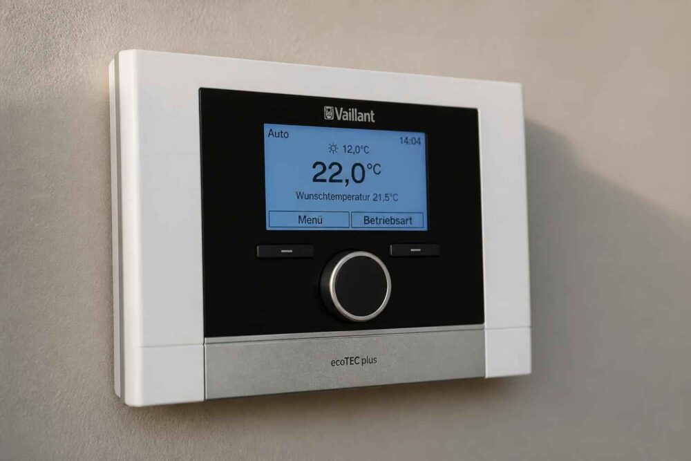 Sterownik Vaillant ecoTEC plus na ścianie, wyświetlający temperaturę 22°C
