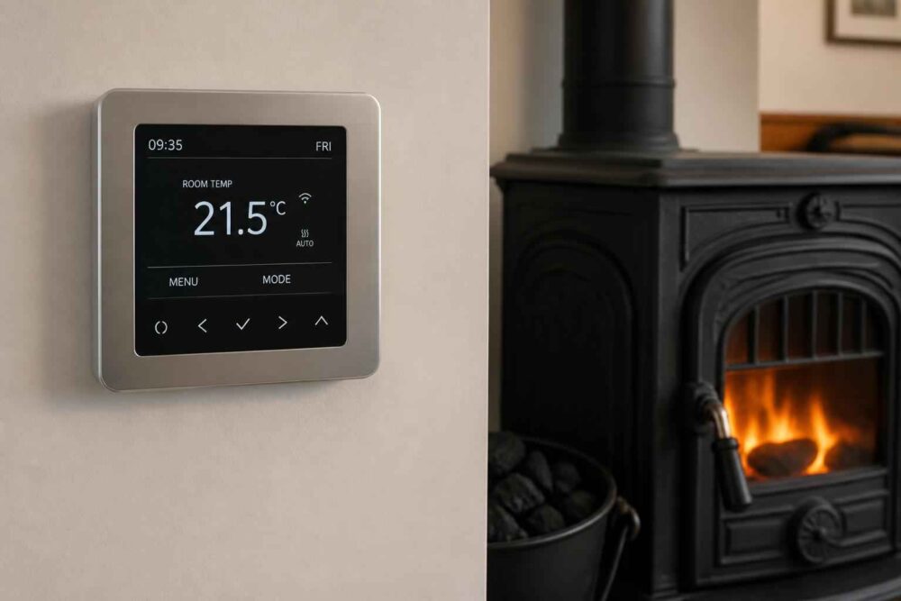 Termostat ścienny pokazujący 21,5°C obok żeliwnego pieca z płonącym ogniem