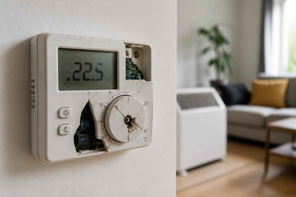 Ścienny termostat pokojowy pokazujący 22,5°C w nowoczesnym salonie