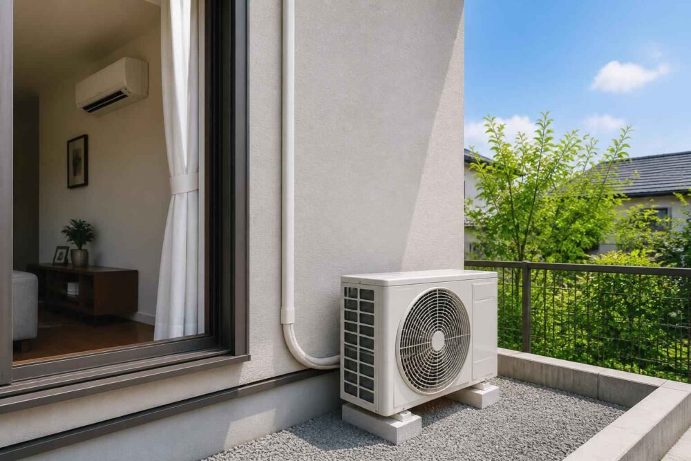 Jednostka klimatyzacji przy tarasie obok otwartego okna i zielonego ogrodu w tle